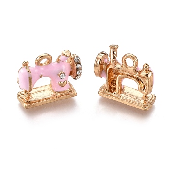 Alloy Pendants, with Enamel and Crystal Rhinestone, Sewing Machine, Golden, Pearl Pink, 13.5x16x6mm, Hole: 2mm