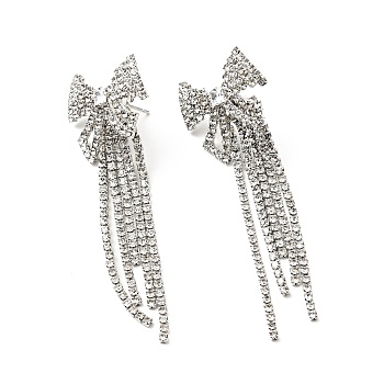 Crystal Rhinestone & Clear Cubic Zirconia Bowknot Tassel Dangle Stud Earrings, Brass Long Drop Earrings with 925 Sterling Silver Pins for Women, Platinum, 62mm, Pin: 0.8mm