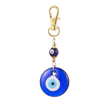 Handmade Evil Eye Lampwork Pendant Decorations, with Alloy Swivel Lobster Claw Clasps, Flat Round, Golden, 90mm
