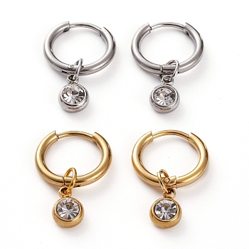 304 Stainless Steel Huggie Hoop Earrings, with Rhinestone Birthstone Charms, Flat Round, Crystal, Golden & Stainless Steel Color, 22mm, Pin: 1mm, 2 pairs/set
