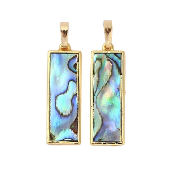 Rack Plating Natural Paua Shell Pendants, Rectangle Brass Charms, Long-Lasting Plated, Real 18K Gold Plated, 27.5x9x3mm, Hole: 3.5x6mm