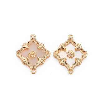 Natural Freshwater Shell Link Connectors, with Brass Findings, Nickel Free, Square with Flower, Real 18K Gold Plated, 13.5x17x2.5mm, Hole: 0.9mm