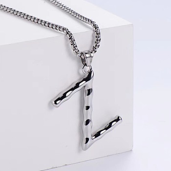 3Pcs Stainless Steel Textured Letter Pendant Box Chain Necklaces, Stainless Steel Color, Letter Z