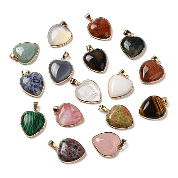 Natural & Synthetic Mixed Stone Pendants, Heart Charms, with Golden Tone Iron and Brass Findings, 29x24~24.5x6~6.5mm, Hole: 7~7.3x3.8~4.3mm