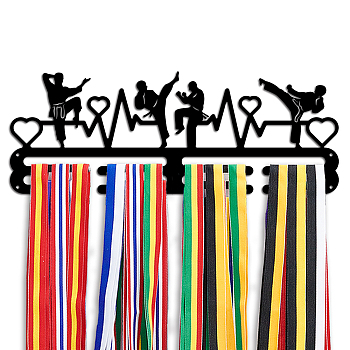 Iron Medal Hanger Holder Display Wall Rack, 2-Line, with Screws, Black, Karate, Human, 400x150mm