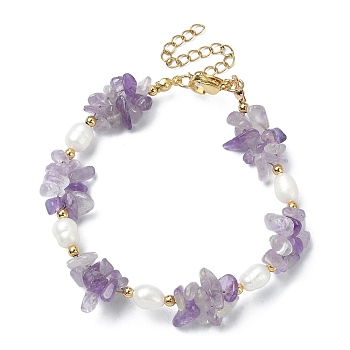 Natural Amethyst Chips & Pearl Beaded Bracelet, with 304 Stainless Steel Clasps, 7-1/4 inch(18.3cm)