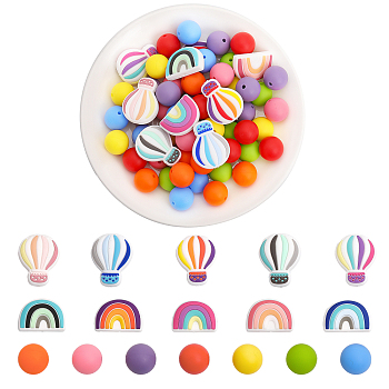 17 Style Food Grade Eco-Friendly Silicone Beads, Chewing Beads For Teethers, DIY Nursing Necklaces Making, Hot Air Balloon & Rainbow & Round, Mixed Color, 14.5~28x14.5~25x9~15mm, Hole: 2~2.2mm, 66pcs/box