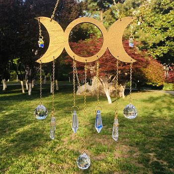 Glass Pendant Decorations, with Wood Triple Moon Sun Link, Window Hanging Suncatchers, Clear, 350x150mm
