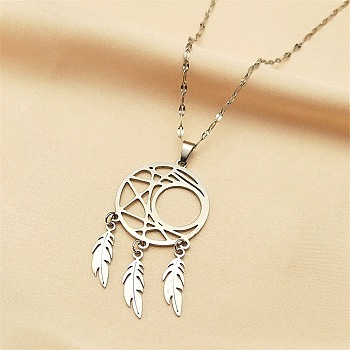 Woven Net/Web with Feather 304 Stainless Steel Pendant Necklaces for Women, Stainless Steel Color, 15.98 inch(40.6cm)