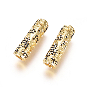 Brass Micro Pave Cubic Zirconia Beads, Long-Lasting Plated, Tube Beads, Black, Golden, 26x7mm, Hole: 4.5mm