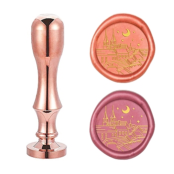DIY Scrapbook, Brass Wax Seal Stamp Flat Round Head and Handle, Rose Gold, Building Pattern, 25mm