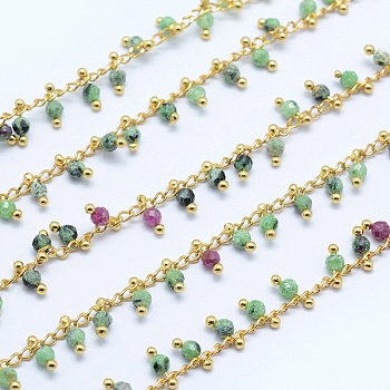 Natural Ruby in Zoisite Handmade Beaded Chains, Soldered, Lead Free & Cadmium Free, with Brass Findings, Real 18K Gold Plated, Long-Lasting Plated, Faceted Round, 6~7x2~3mm