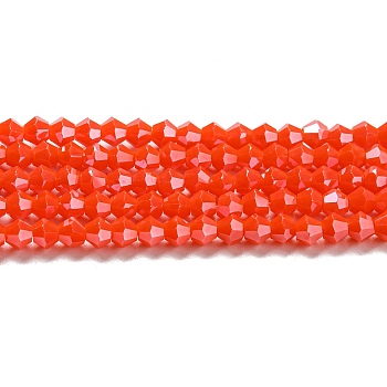 Opaque Solid Color Electroplate Glass Beads Strands, Pearl Luster Plated, Faceted, Bicone, Orange Red, 4x4mm, Hole: 0.8mm, about 87~98pcs/strand, 12.76~14.61 inch(32.4~37.1cm)