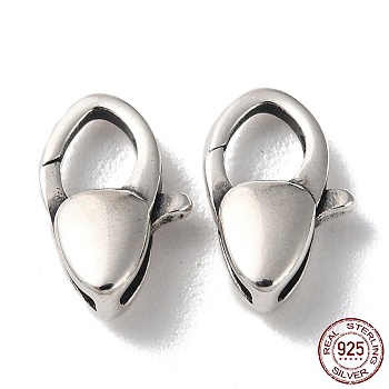 925 Thailand Sterling Silver Lobster Claw Clasps, Triangle, with 925 Stamp, Antique Silver, 12x7.5x3.5mm, Hole: 1mm