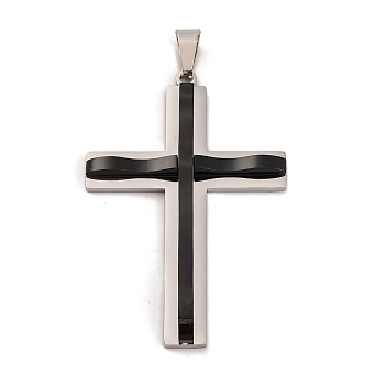 304 Stainless Steel Big Pendants, Cross Charm, Religion, Black & Stainless Steel Color, 58.5x39x6mm, Hole: 4x8.5mm