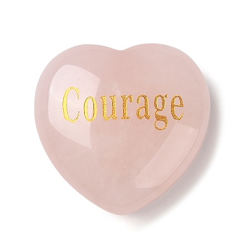 Natural Rose Quartz Display Decoration, Heart with Word Courage, 30x30x13mm