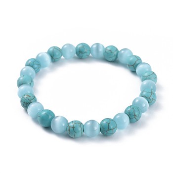 Synthetic Turquoise Stretch Bracelets, with Cat Eye Round Beads, 2-3/8 inch(6cm)