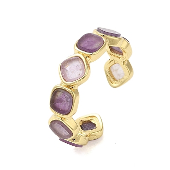 Square Natural Amethyst Open Cuff Rings, Ion Plating(IP) Golden Plated Brass Ring for Women, 6mm, Adjustable