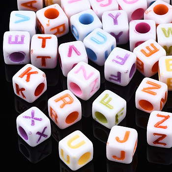 Opaque Acrylic Beads, Cube with Alphabet, Random Mixed Letters, 6x6x6mm, Hole: 3mm, about 2995pcs/500g