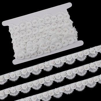 2.7~3 Yards Polyester Lace Trim, Flower Lace Ribbon with Imitation Pearl Beads, White, 1-1/4 inch(31mm)