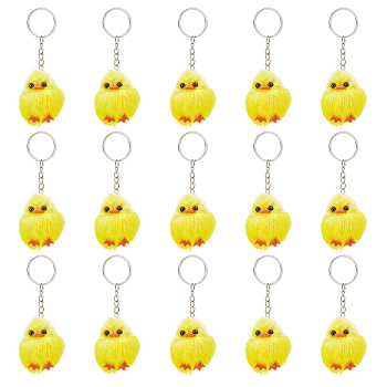 Cute Water Mink Mini Fur Chicken Pendant Bag Keychain, with Iron Findings, Yellow, 12cm