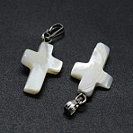 Shell Pendants, with Brass Findings, Cross, Platinum, 18~20x9~11x3~5mm, Hole: 2x5mm(SSHEL-E565-A-02P)
