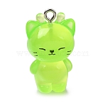 Luminous Transparent Resin Pendants, Cat Charm, with Platinum Zinc Alloy Loop, Glow in the Dark, Lawn Green, 27.5x16x14mm, Hole: 2mm(RE-CBAAB56-11B)