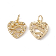 Brass Micro Pave Cubic Zirconia Pendant, with Glass & Jump Ring, Real 18K Gold Plated, Heart with Snake Charm, Clear, 3.5x13x3mm, Hole: 4mm(KK-E068-VC005-01)