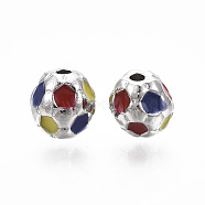 Brass Beads, with Enamel, FootBall/Soccer Ball, Nickel Free, Real Platinum Plated, 7.5mm, Hole: 1.6mm(KK-R133-001P-NF)