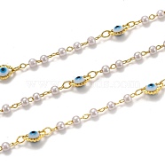 Handmade Brass Chains, with Acrylic Imitation Pearl, Lampwork and Spool, Long-Lasting Plated, Soldered, Evil Eye, Golden, White, Link: 2.6x1.8x0.3mm(CHC-L039-44E-G)