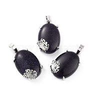 Synthetic Blue Goldstone Pendants, with Platinum Tone Brass Findings, Cadmium Free & Lead Free, Oval with Tree, 28~29.5x18.5x9.5mm, Hole: 8x5mm(G-C235-03C-RS)
