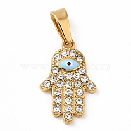 Ion Plating(IP) 304 Stainless Steel Micro Pave Clear Cubic Zirconia Pendants, with Enamel, Hamsa Hand, Golden, 20x13x2.5mm, Hole: 7x3.5mm(STAS-M321-05G)