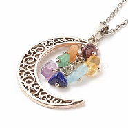 Natural Mixed Gemstone Chips Cluster with Moon Pendant Necklace, 304 Stainless Steel Jewelry for Women, Antique Silver, 17.32 inch(44cm)(NJEW-JN03867)