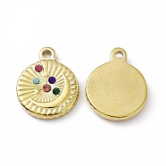 Vacuum Plating 201 Stainless Steel Pendants, with Rhinestone, Real 18K Gold Plated, Flat Round with Moon Charms, Colorful, 19x15x2.7mm, Hole: 2mm(STAS-J401-VC921)