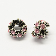 Alloy Rhinestone European Beads, Flower Large Hole Beads, Antique Silver, Light Rose, 12x8mm, Hole: 5mm(X-MPDL-R036-04I)