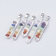 Chakra Natural Quartz Crystal Pointed Pendants, with Mixed Stone & Iron Findings, Nuggets, Platinum, 36~52x7~9x9~10mm, Hole: 6x3mm(G-T097-06)