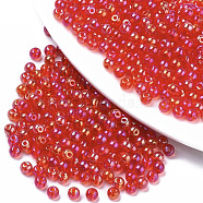Glass Beads, Transparent Colours Rainbow, Round, Red, 4x3mm, Hole: 1mm, about 4500pcs/bag(SEED-S040-06A-05)