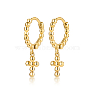 925 Sterling Silver Cross Dangle Hoop Earrings, Huggie Earrings, Golden, 19.5x11mm(HE1465-1)