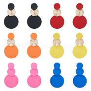 6 Pairs 6 Colors Spray Painted Alloy Dangle Stud Earrings for Women, Flat Round, Mixed Color, 62~64x35mm, 1 Pair/color(EJEW-FI0002-84)