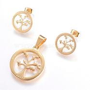 304 Stainless Steel Jewelry Sets, Pendants and Stud Earrings, Flat Round with Tree, Golden, 28x25x2mm, Hole: 5x9.5mm; 16x1.2mm; Pin: 0.8mm(SJEW-P080-16G)