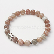 Natural Multi-Moonstone Stretch Bracelets, with Brass Beads & Alloy Buddha Head Beads, Round, Colorful, 2-1/8 inch(55mm)(BJEW-JB02815-01)