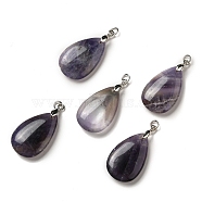 Natural Amethyst Pendants, Teardrop Charms, with Platinum Plated Brass Snap on Bails, Lead Free & Cadmium Free, 28~29x18~18.5x6~7mm, Hole: 3mm(G-H286-04P-02)