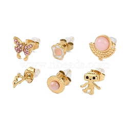 304 Stainless Steel Rhinestone Stone Dyeing Stud Earrings, Mixed Shapes, Mixed Color, 6~11.5x4~12mm(EJEW-S224-04G-04)