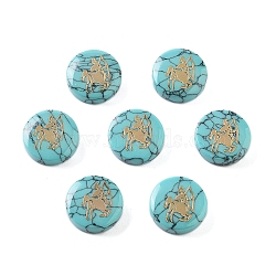 Synthetic Turquoise Beads, with Golden Tone Brass Slices, Flat Round with Constellations, Sagittarius, 15x5mm, Hole: 1mm(G-F775-C02)