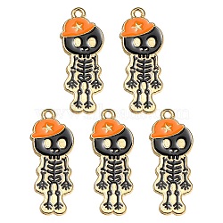 5Pcs Alloy Enamel Pendants, Skeleton with Hat Charm, Golden, Dark Orange, 32.5x13x1.5mm, Hole: 1.6mm(ENAM-YW0002-49A)