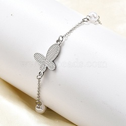 304 Stainless Steel Butterfly Link Bracelets, Cable Chain Jewelry for Women, with Plastic Imitation Pearl Beads, Stainless Steel Color, 7-5/8 inch(19.4cm)(BJEW-C098-01D-P)