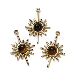 Natural Tiger Eye Pendants, Sun Charms, with 304 Stainless Steel Settings, Real 14K Gold Plated, 27x17.5x4.5mm, Hole: 1.6mm(X-STAS-R005-02G)