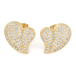 Brass Pave Clear Cubic Zirconia Studs Earring for Women, Heart, Real 18K Gold Plated, 20x18mm(EJEW-S225-06G-03)