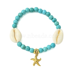 6mm Round Synthetic Turquoise & Natural Shell Beaded Stretch Bracelets, Beach Starfish 304 Stainless Steel Charm Bracelets for Women, Golden, Inner Diameter: 2-1/8 inch(5.4cm)(BJEW-JB10579)