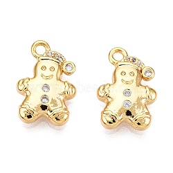 Christmas Theme Brass Micro Pave Clear Cubic Zirconia Charms, Gingerbread Man, Real 18K Gold Plated, 12.5x8.5x2.5mm, Hole: 1mm(KK-T073-08G)